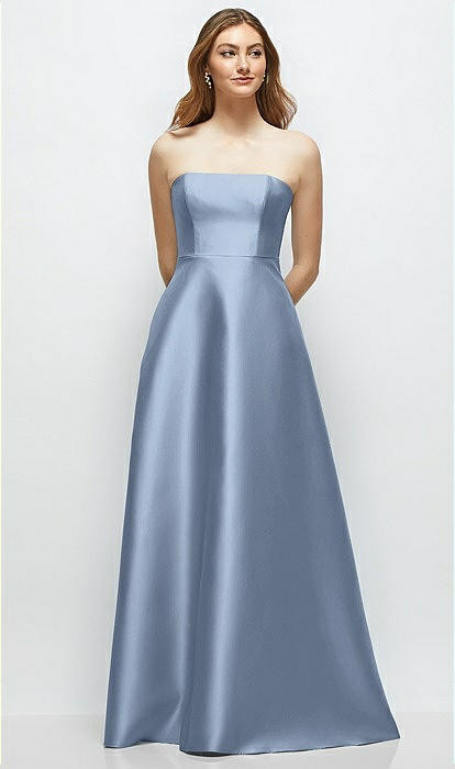 Strapless Satin Gown with Full Skirt and Covered Buttons at Back in Cloudy | Dessy Group
