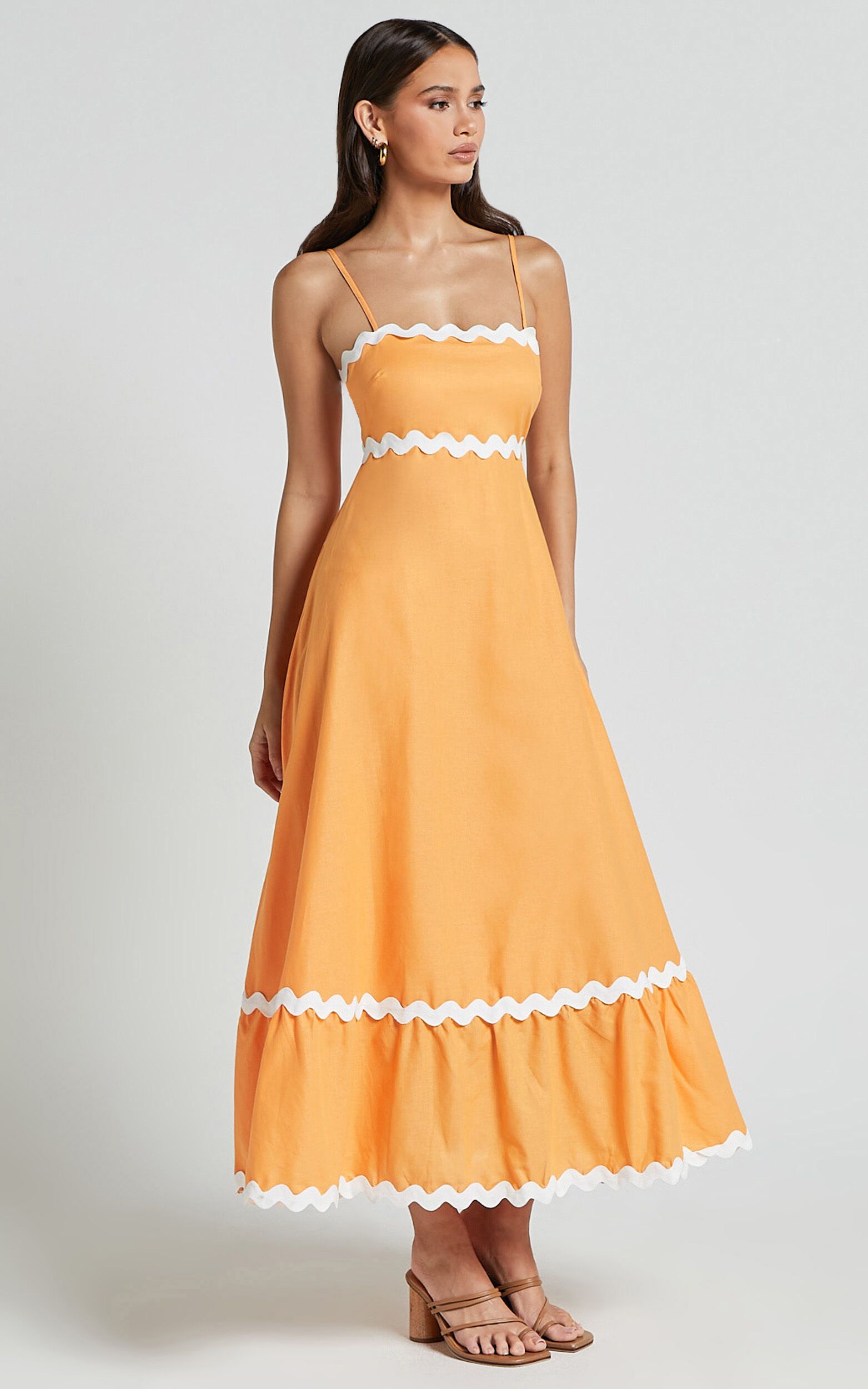 Moriseth Midi Dress - Linen Look Sleeveless Fit Flare Dress in Orange | Showpo (ANZ)
