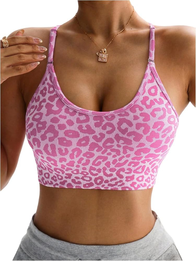OYOANGLE Women's Leopard Print Strappy Sports Bra Criss Cross Backless Light Support Gym Yoga Pad... | Amazon (US)