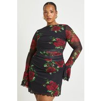 boohoo Women's Plus Rose Ruffle Sleeve Mini Dress in Black | Size: 18 | Knitted | boohoo (US & Canada)