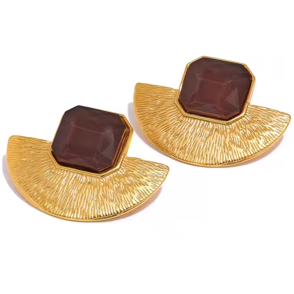 Chunky Gold Vintage Statement Earrings with Brown Stones – Bold Retro Fashion Jewelry for Women | Amazon (US)