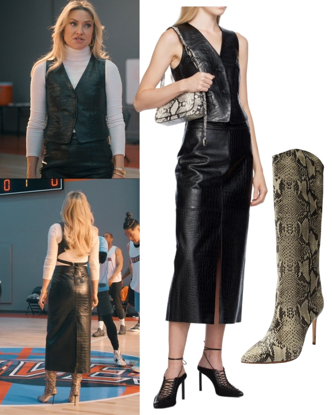 Isla Gordon, played by Kate Hudson, wearing a croc embossed vest with a matching croc embossed midi skirt and snakeskin knee-high boots on Running Point.

#LTKOver40 #LTKWorkwear #LTKootd