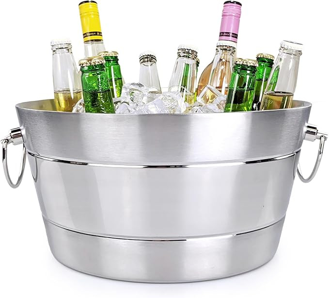 BREKX Stainless Steel Ice Bucket for Parties, Double Wall Insulated Anchored Brushed Drink Tub & ... | Amazon (US)