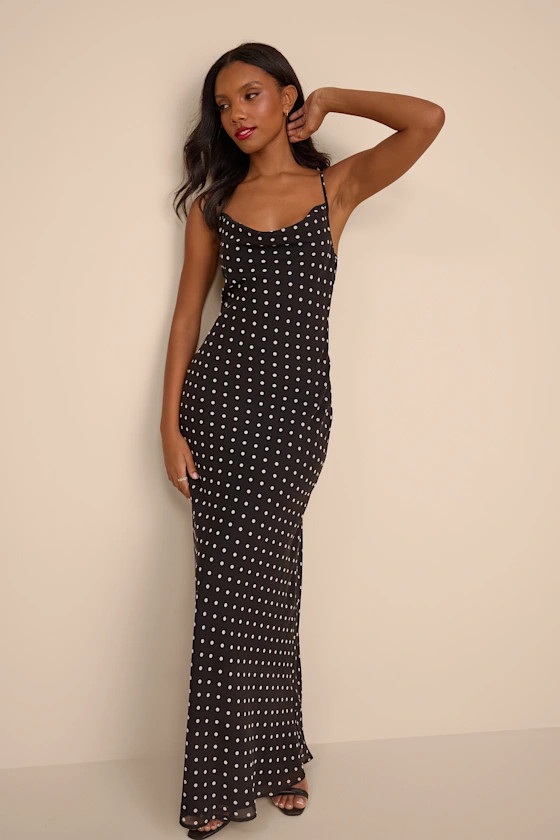 Adaria Black Polka Dot Cowl Neck Maxi Dress | Lulus