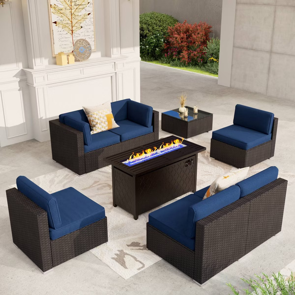 8pc Steel & Wicker Outdoor Fire Pit Set with Cushions Blue - Captiva Designs | Target