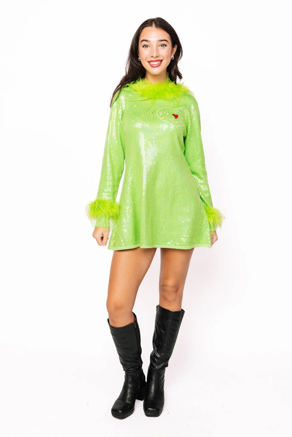 Green Full Sequin Feather Trim Grinch Heart Dress | Queen of Sparkles
