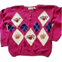 Vintage Womens Size Large Fuschia Pink Floral Argyle Preppy Sweater Ramie Cotton | Etsy (US)