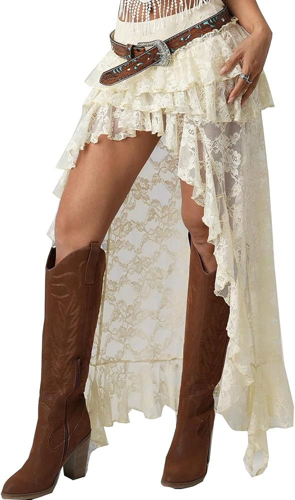 Womens Y2k Layered Lace Long Skirts Solid High Low Asymmetrical Ruffle Hem Flowy Skirts Boho Shee... | Amazon (US)