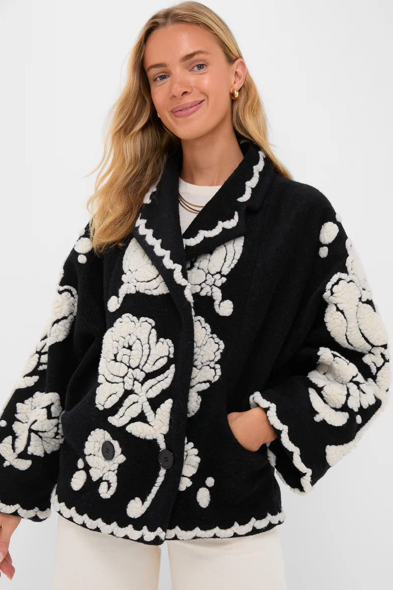Black Cream Floral Arabesque Fleece Coat | Tuckernuck (US)