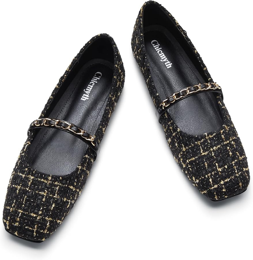 Mary Jane Flats;Square Toe Metal Chain Flats;Tweed Fabric Delicate and Elegant Women Shoes | Amazon (US)