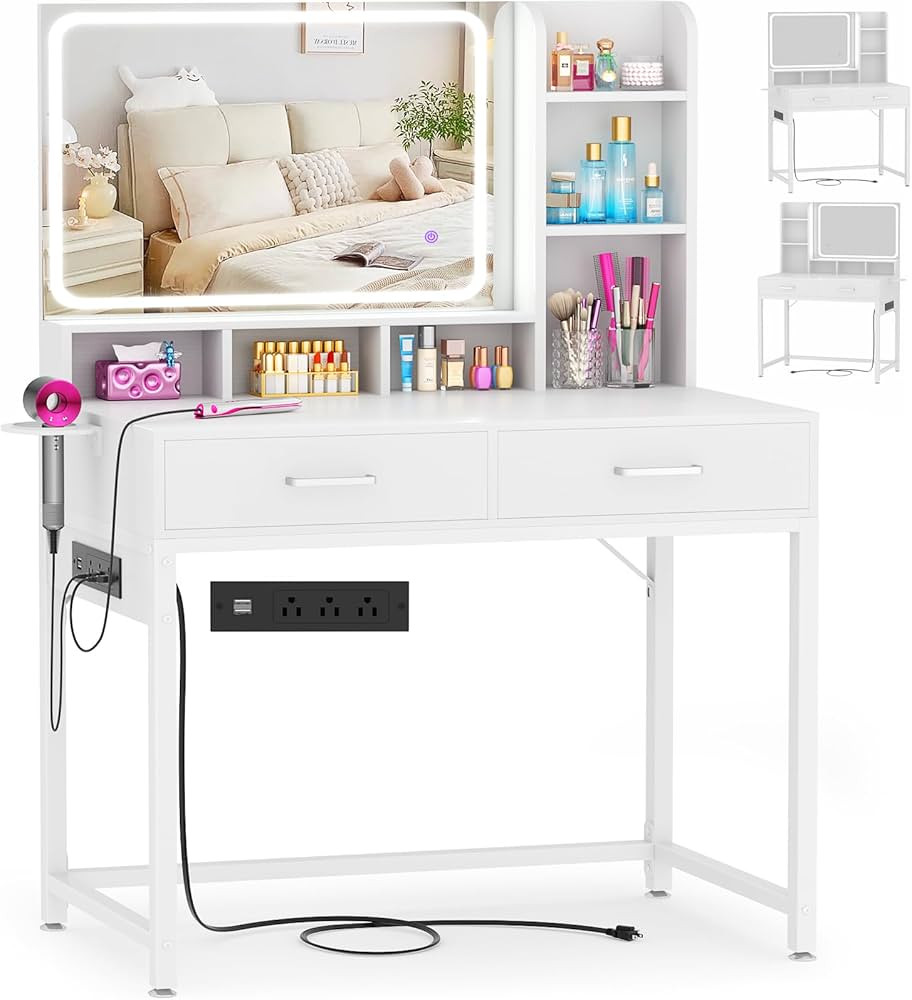 Small Vanity Desk, Vanity Desk with Mirror and Lights, Makeup Vanity Desk with Power Strip, Vanit... | Amazon (US)