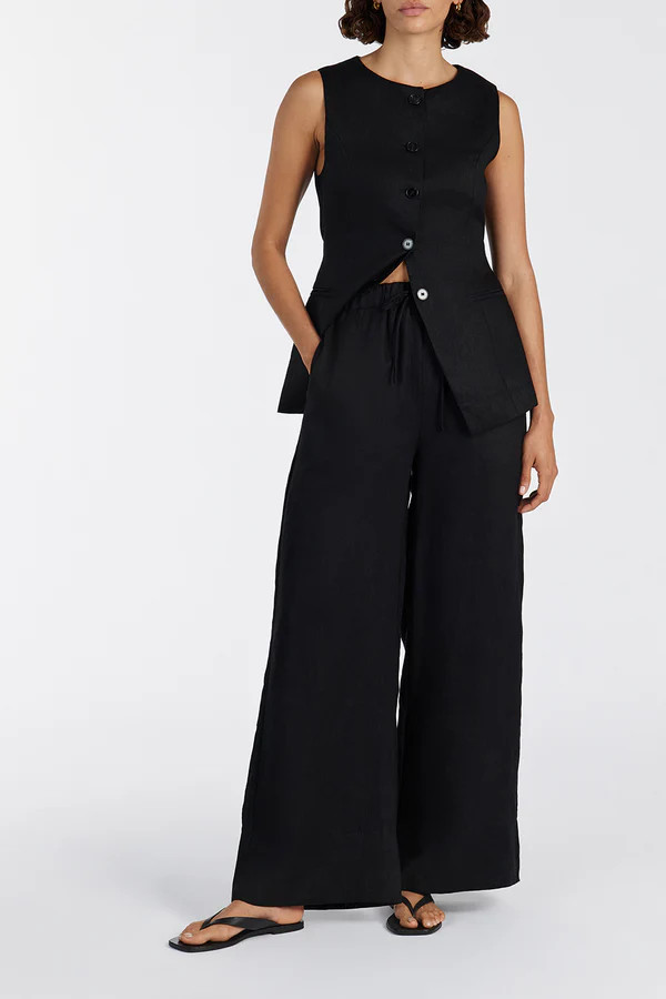 GINA BLACK LINEN ELASTIC WAIST PANT | DISSH