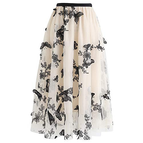 CHICWISH Women's Cream 3D Butterfly Double-Layered Mesh Midi Skirt, Size XS | Amazon (US)