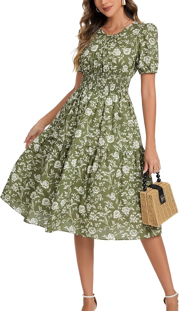 Kormei Women Summer Casual Boho Floral Round Neck Short Sleeve Smocked Waist Tiered Flowy Swing M... | Amazon (US)