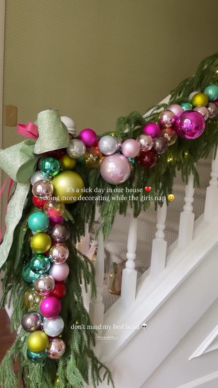 @livingfullyco  it’s a sick day in our house 💔 
doing more decorating while the girls nap 😆 don’t mind my bed head 💀