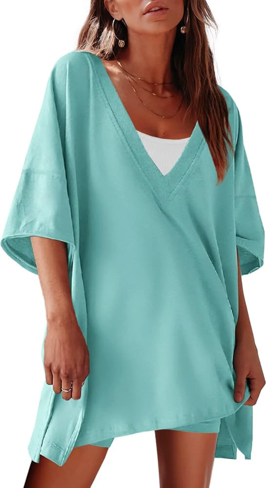 SENSERISE Womens Workout Set 2 Piece Outfits Short Sleeve V Neck T Shirts Biker Shorts Yoga Rever... | Amazon (US)