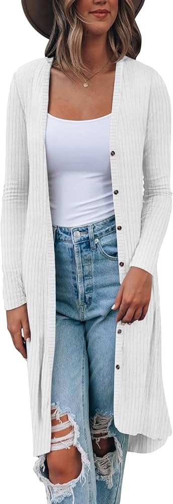 QVESELU Women's Button Front Long Cardigan with Pockets High Low Hem Rib Striped Outerwear Sweate... | Amazon (US)