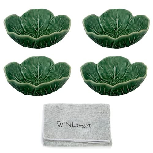 Bordallo Pinheiro Cabbage Bowl Green Set of 4 with Wine Savant Cleaning Towel Bundle Kitchen Bowls for Oatmeal, Ramen, Dessert, Snack, Pho, Salad, Soup, Pasta, Cereal Novelty Gifts 6oz Capacity | Amazon (US)