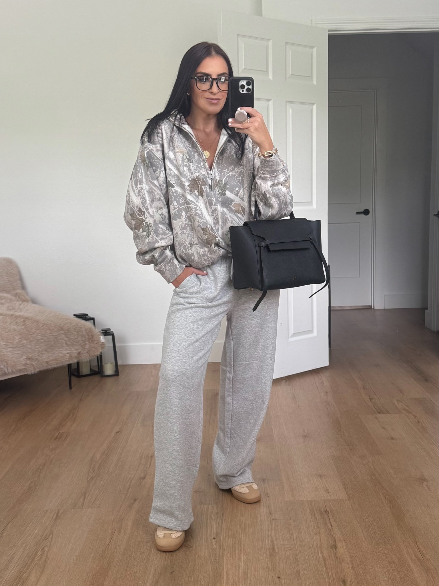 Abercrombie Vintage Sunday Half-Zip wearing size small. No Boundaries Soft Fleece Wide Leg Sweatpants wearing size medium. Adidas Sambas OG