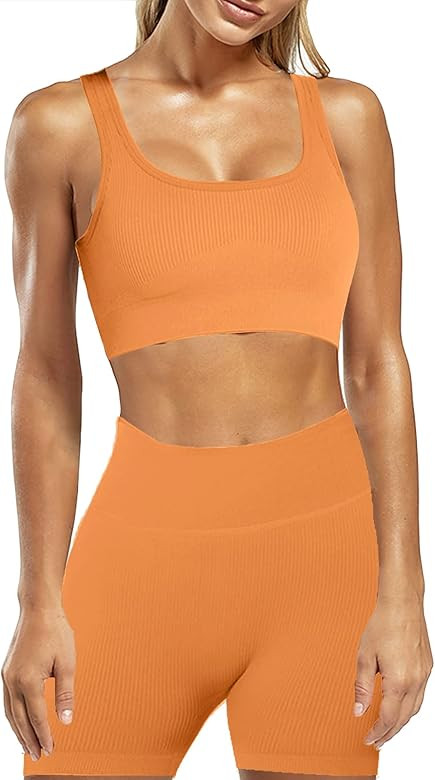 Workout Sets for Women 2 Piece Ribbed Seamless Yoga Outfits Crop Tank High Waist Exercise Shorts Spo | Amazon (CA)