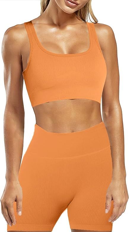 Workout Sets for Women 2 Piece Ribbed Seamless Yoga Outfits Crop Tank High Waist Exercise Shorts Spo | Amazon (CA)