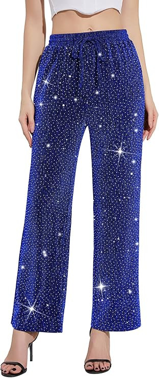 PEIQI Women High Elastic Waist Wide Leg Palazzo Pants Bling Glitter Casual Loose Long Sparkle Pan... | Amazon (US)