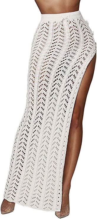 Womens Crochet Beach Cover Up Skirts Sexy High Waist Hollow Out Long Maxi Skirt Slit | Amazon (US)