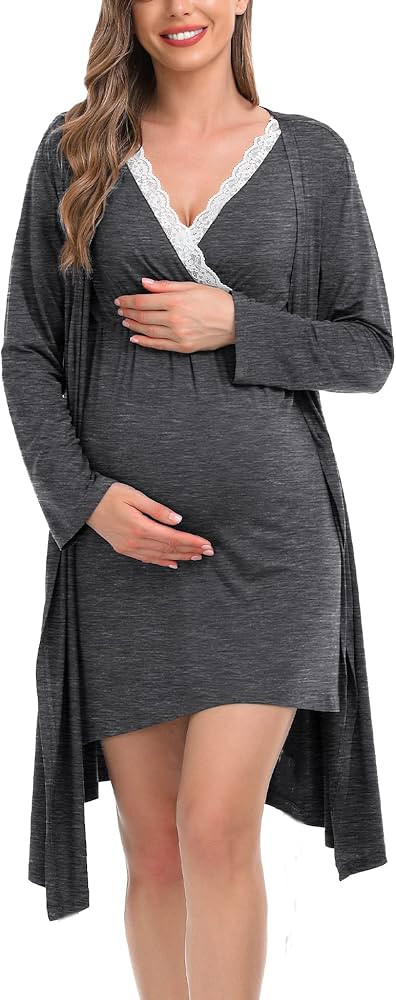 SWOMOG Womens Maternity Nursing Nightgown and Robe Set 3 in 1 Pregnancy/Delivery/Labor Lace Dress... | Amazon (US)