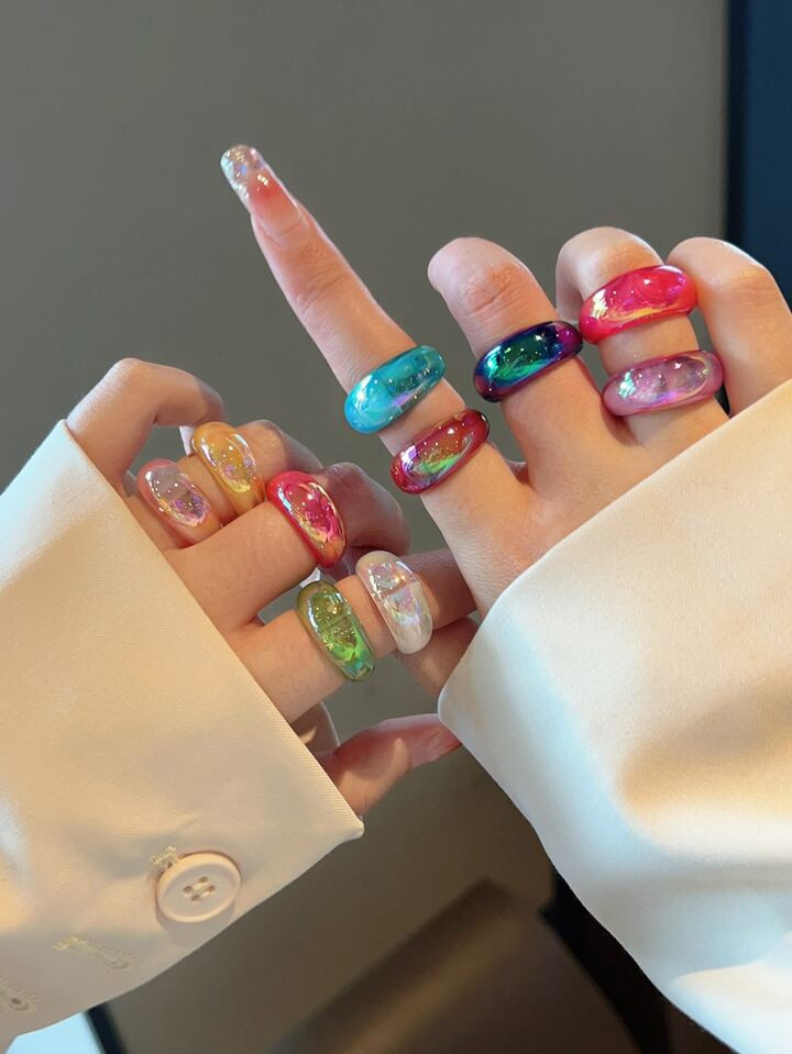 10pcs/set Fashionable Geometric Resin Round Shaped Large Rings For Women's Party Accessories | SHEIN