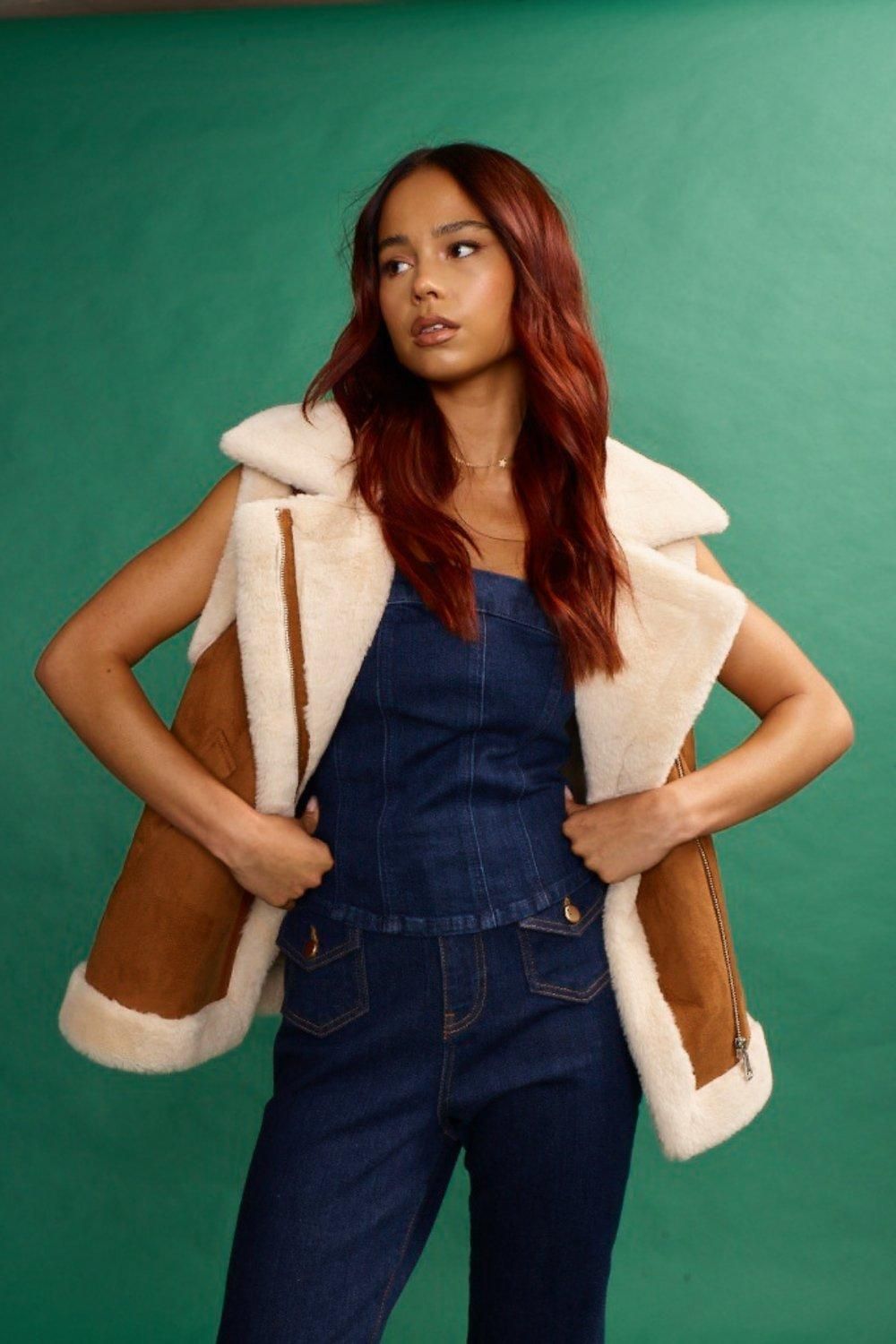 Jackets & Coats | Faux Fur Suedette Gilet In Brown | ANOTHER SUNDAY | Debenhams UK