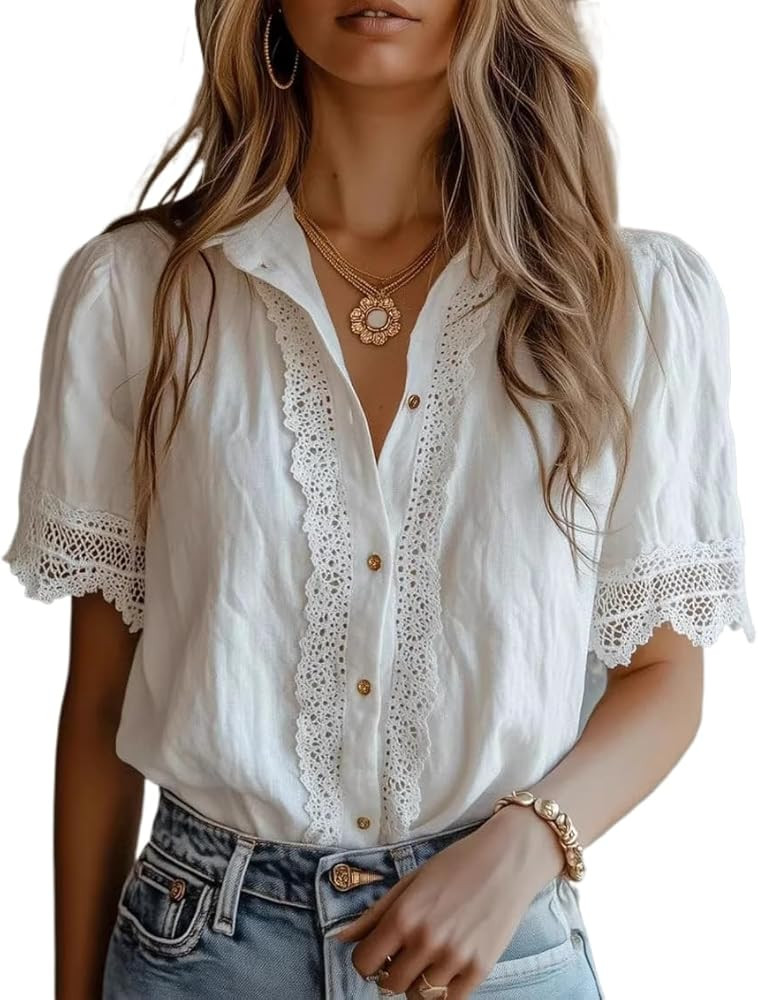 Womens Boho Shirt Lace Trimmed Puff Sleeve Button Down Blouse Casual Top for Vacation Summer Wear... | Amazon (US)