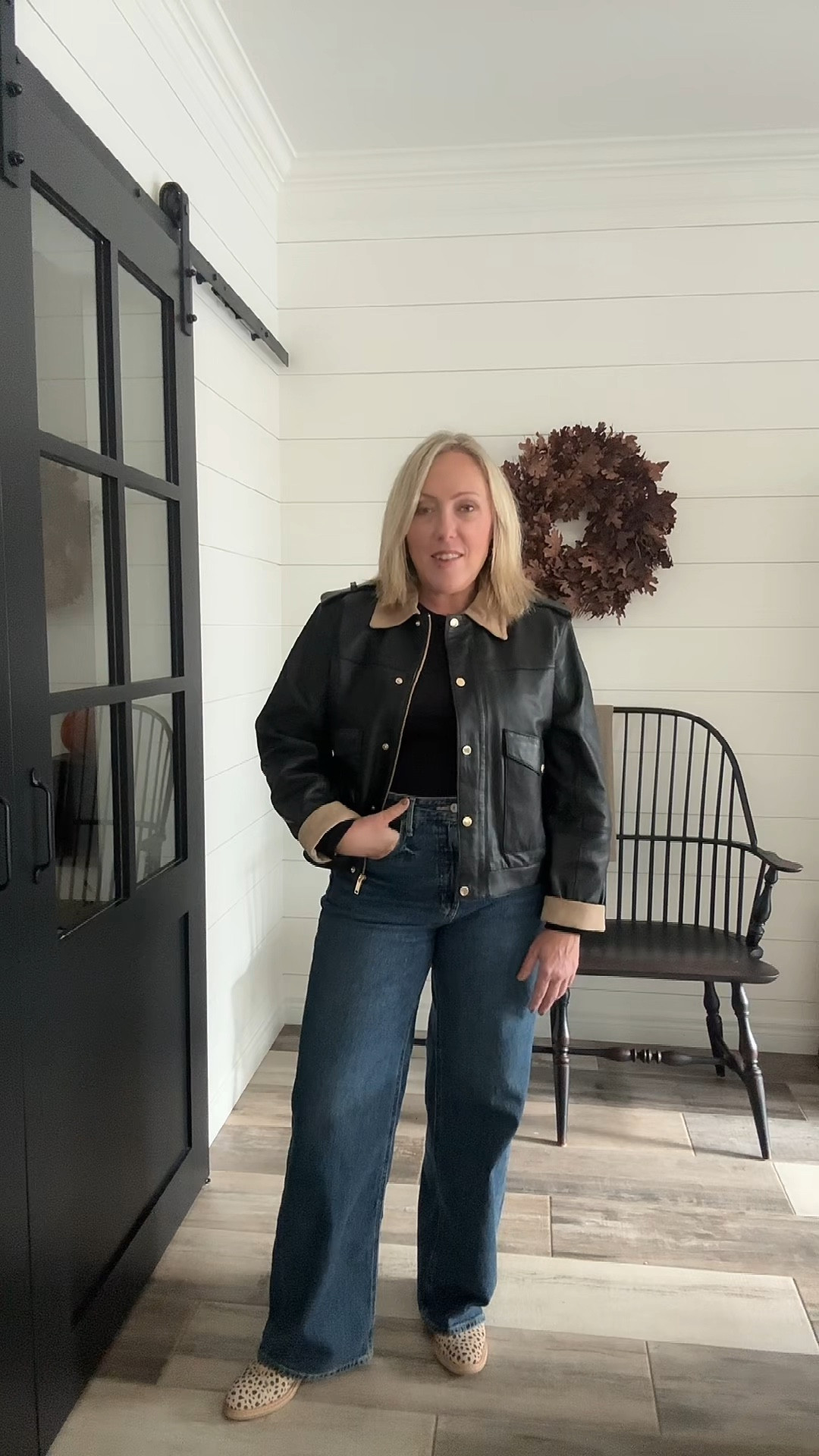 Leather barn jacket outfit 