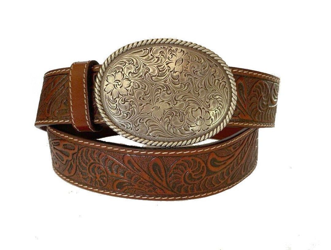 Tooled Brown Leather Belt Removable Belt Strap USA Silver Large Oval Engraved Western Buckle Trop... | Etsy (US)