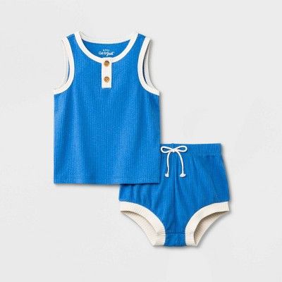 Baby 2pc Ribbed Henley Top & Bottom Set - Cat & Jack™ Blue | Target