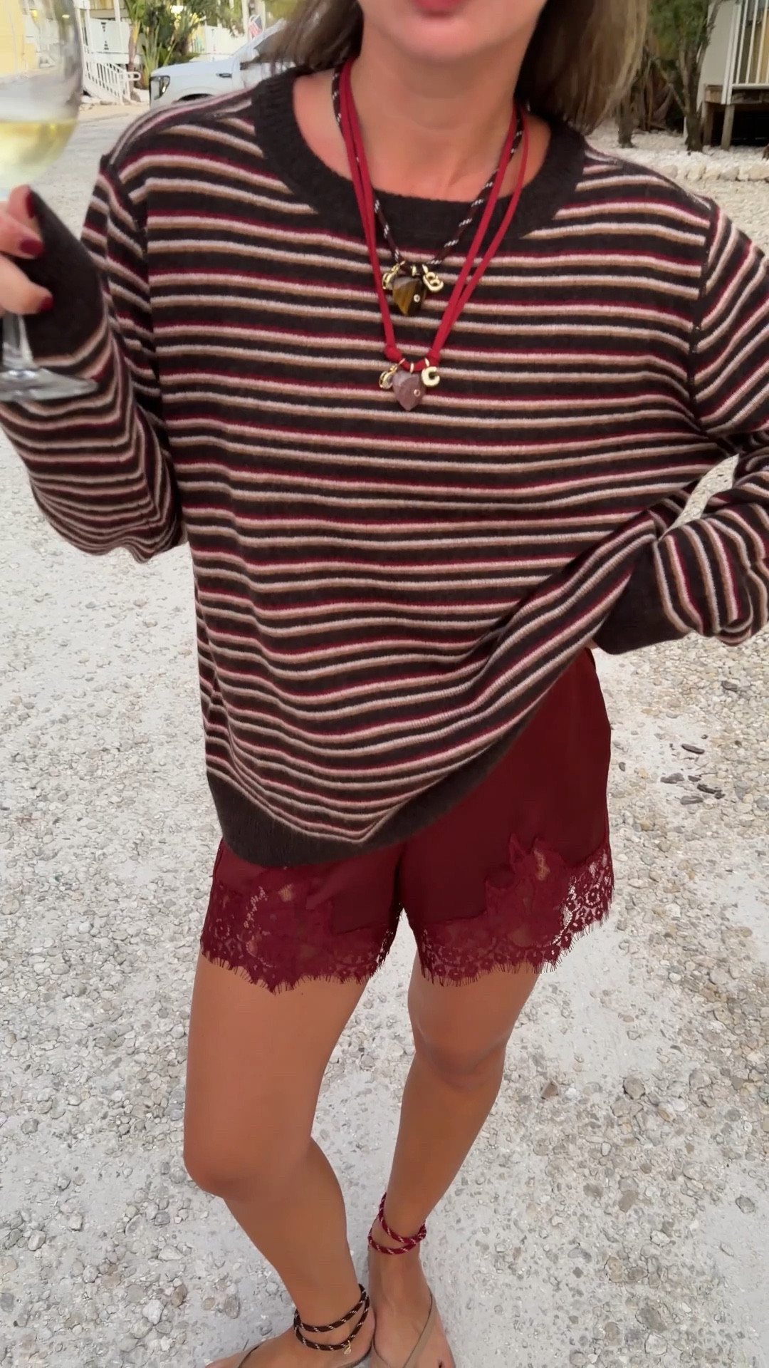 Comfy beach outfit! Would switch to boots in colder weather. Small sweater XS shorts!