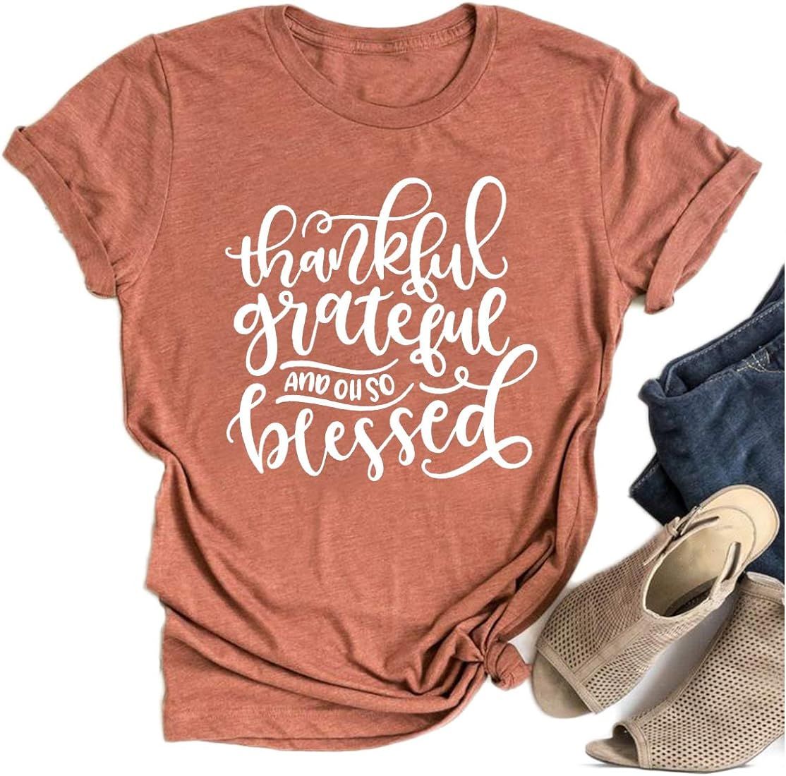 HJLH Thankful Grateful Blessed Shirt Womens Thanksgiving Letter Print T-Shirt for Women | Amazon (US)