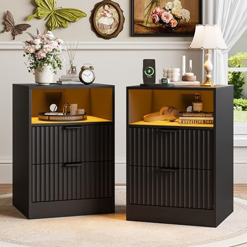 yesasin Black Night Stand Set 2, LED Nightstand with Charging Station,Wood Side Table Living Room,Fluted NightStands with 2 Drawers, End & Bedside Tables for Bedroom Sofa Office | Amazon (US)