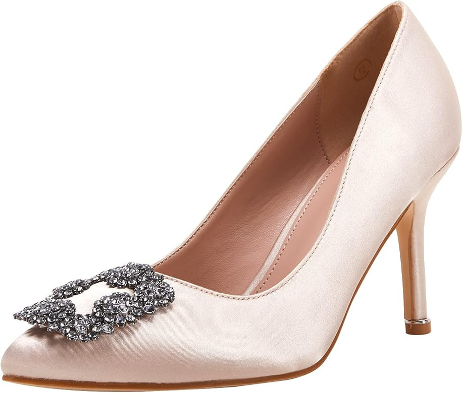 Women's Stiletto High Heel Pumps Classic Party Wedding Pointed Toe Pump Shoes with Jewel Buckle | Amazon (US)