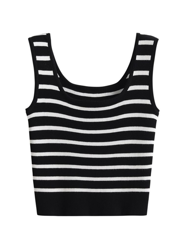 Striped Knit Crop Tank Top in Black | Chicwish