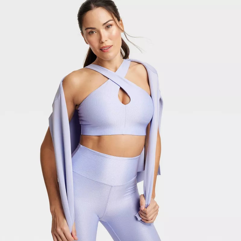 Women's Light Support Shine Ribbed Halter Longline Sports Bra - All In Motion™ Light Mauve L | Target