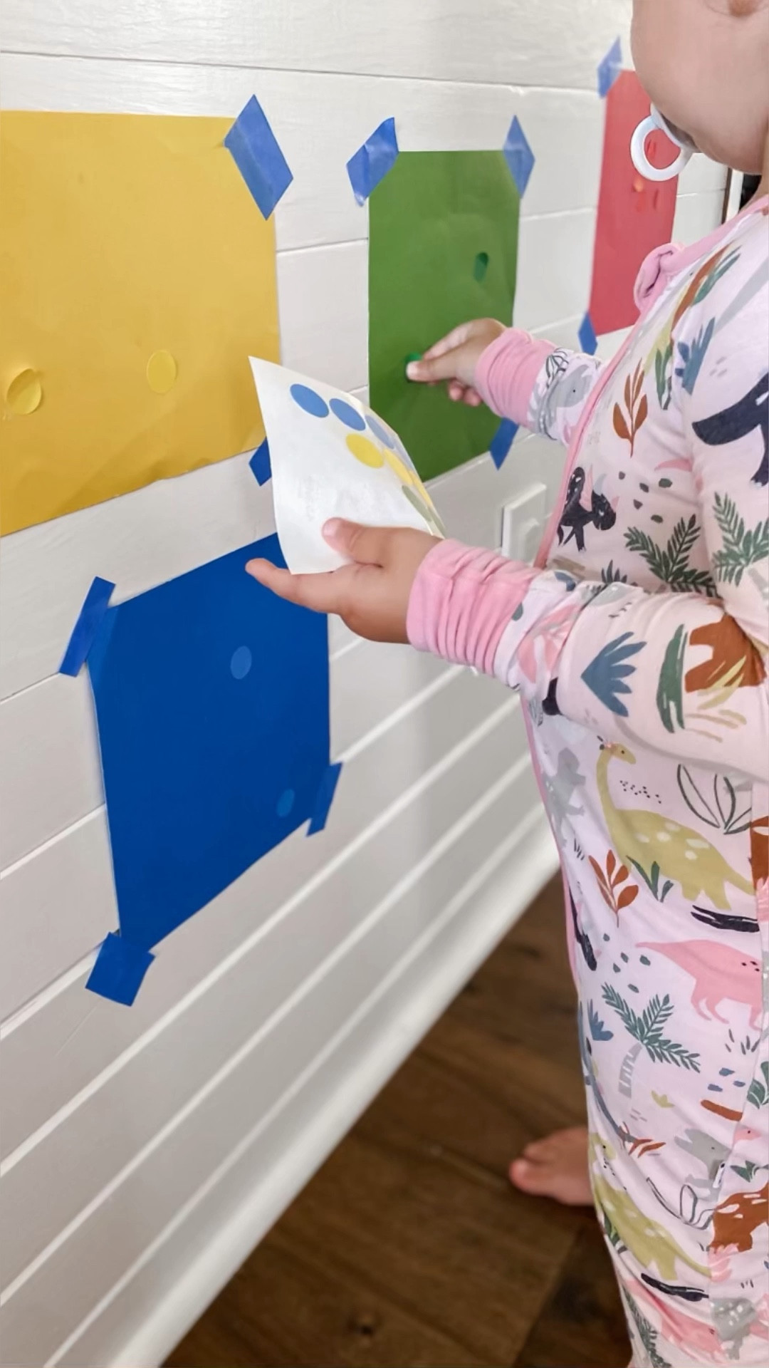 WALL COLOR SORT! 🌈 

Teaching toddlers to master colors through interactive play! For this colorful indoor activity, I taped red, yellow, green, and blue cardstock paper on the wall and gave Mo matching dot stickers. Watch her use her developing fine motor skills while she peels stickers and places them on the correct paper!

Why is color recognition crucial for toddlers?  It lays the foundation for a world of knowledge! By identifying colors, kids enhance their cognitive abilities, develop their visual perception, and sharpen their problem-solving skills. Plus, it sparks their creativity and imagination! ✨

And why activities on walls? 🤔 Reaching up and out exercises their gross motor skills, improving coordination and muscle strength. It's a fun way to engage their whole body while they learn and explore!

#LTKbaby #LTKkids #LTKfamily