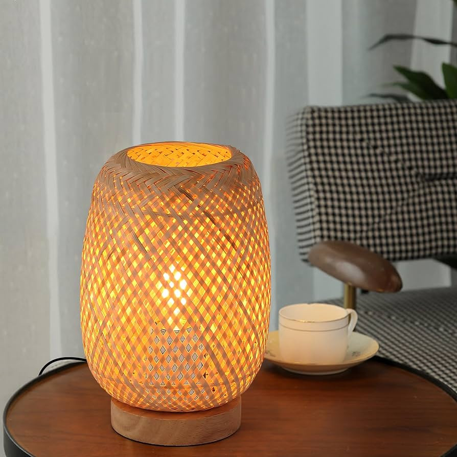 Zoxxoz Bamboo Table Lamp with Handmade Natural Wooden Base, Small Vintage Rattan Wicker Nightstan... | Amazon (CA)