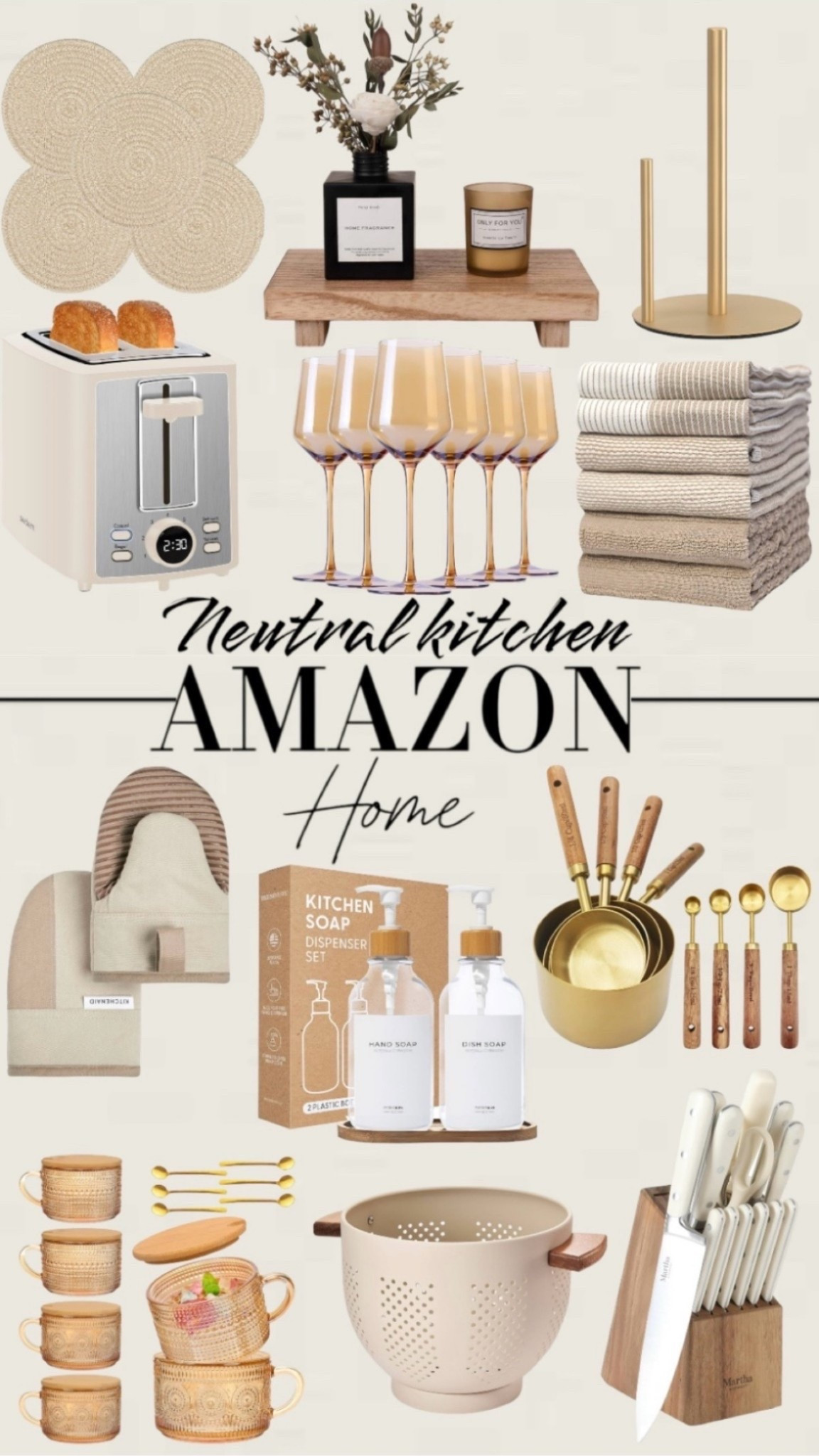 Neutral kitchen finds & essentials from Amazon 💕

Oven mitts, toaster, measuring cups, soap dispenser, towels, wine glasses, knife set, kitchen must haves

#LTKFindsUnder100 

#LTKHome