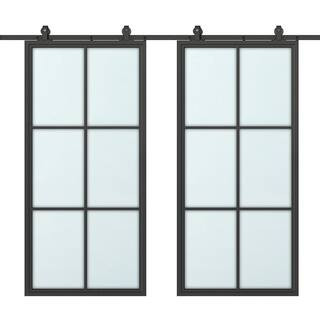 72 in. x 84 in. 6-Lite Frosted Glass Black Aluminum Frame Interior Double Sliding Barn Door with ... | The Home Depot