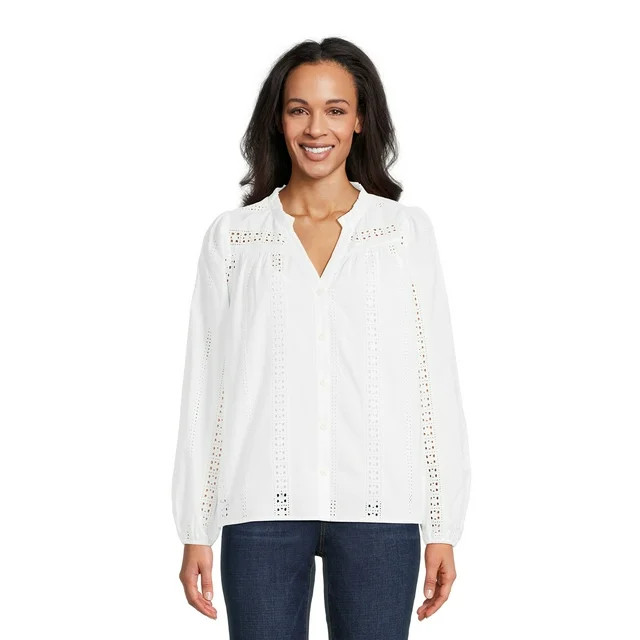Time and Tru Women's Button Down Shirt with Crochet Trim, Sizes XS-XXXL | Walmart (US)