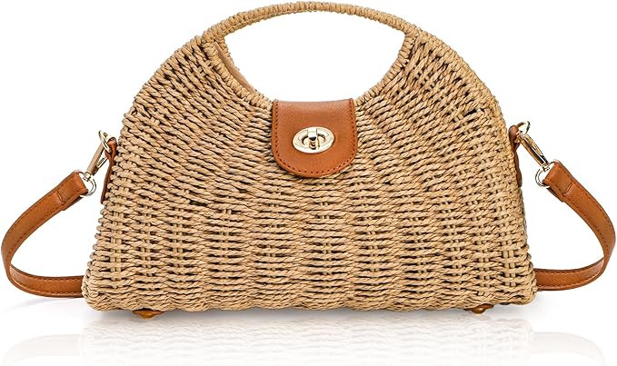 Straw Crossbody Bag for Women, Handwoven Rattan Summer Beach Straw Purse with Handle, Detachable ... | Amazon (US)