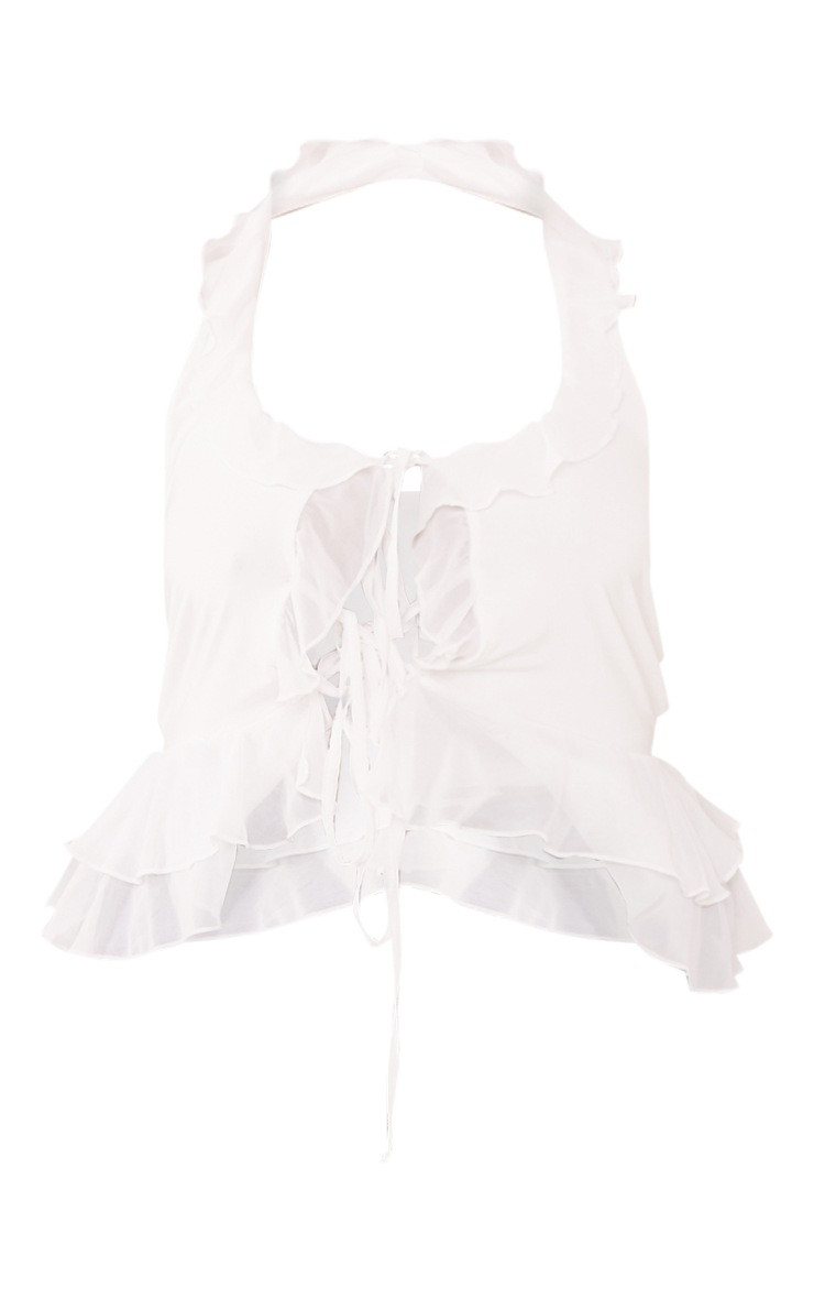 Plus White Ruffle Tie Front Blouse | PrettyLittleThing US