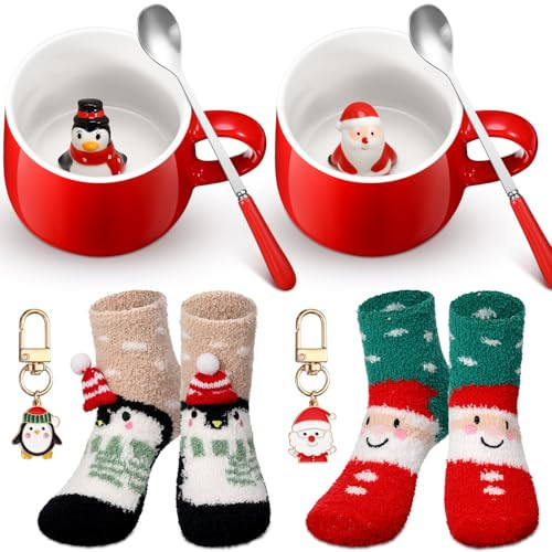 Sliner 8 Pcs Christmas Mug Gift Sets 3D Santa Penguin Animal Inside Coffee Cups with Spoons Christmas Fuzzy Socks and Xmas Keychains Winter Hot Cocoa Mug for Women Men Family Gifts | Amazon (US)