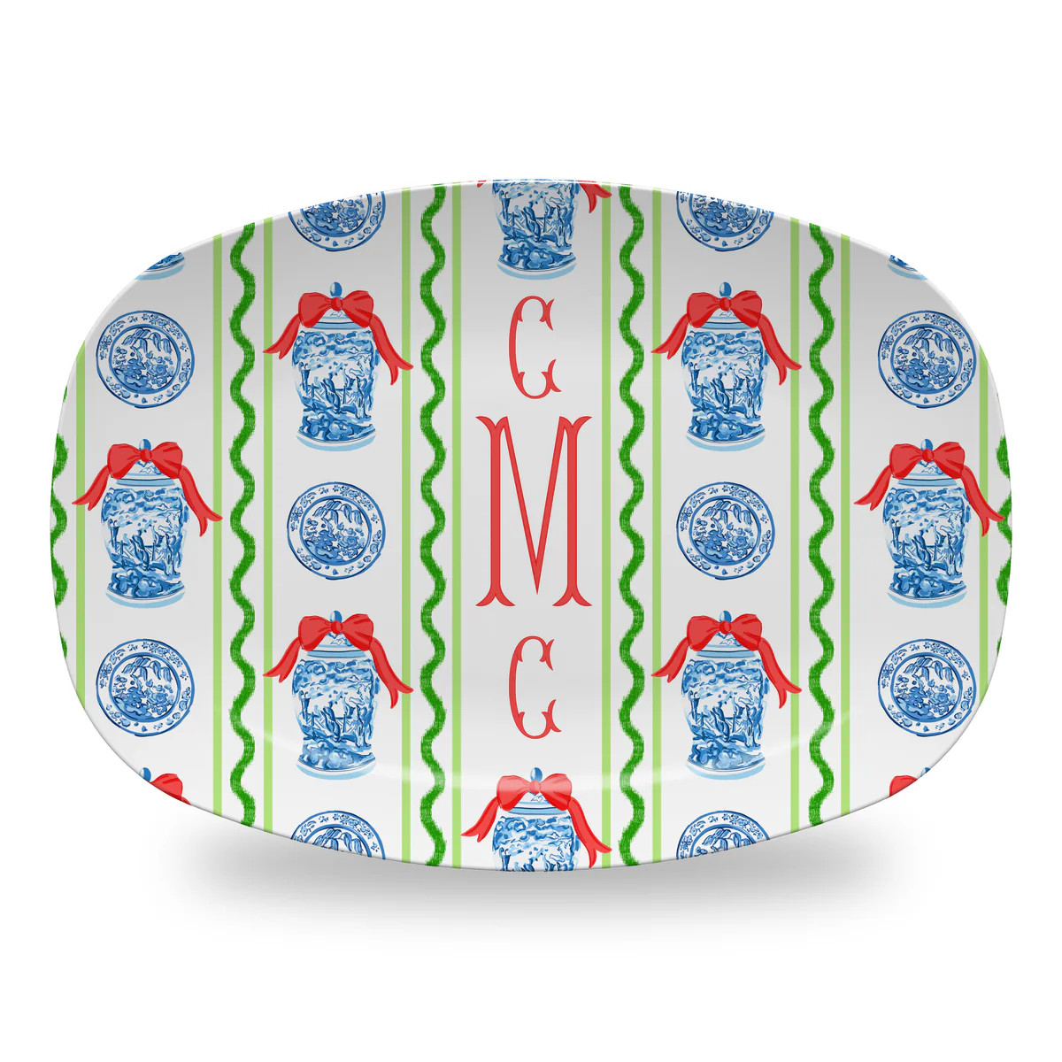 Chinoiserie Garland Stripe Personalized Melamine Platter, Red | Taylor Beach Design