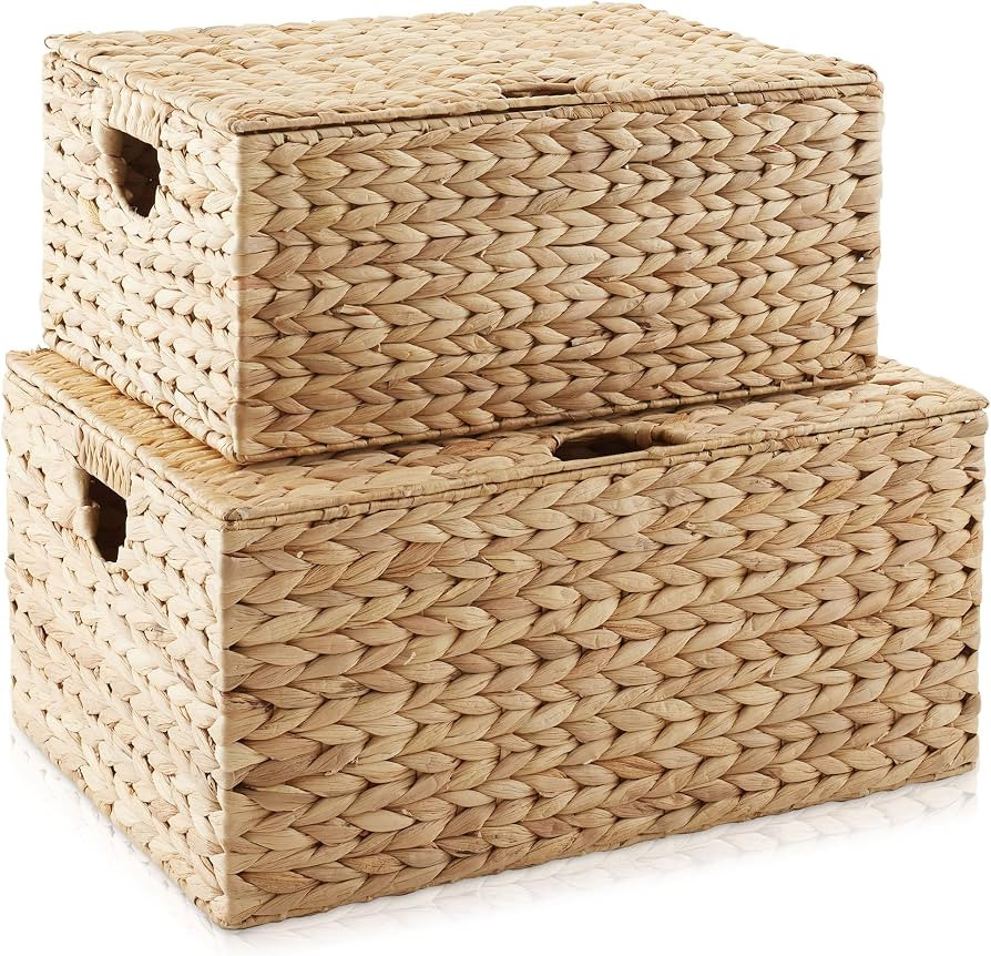 Casafield Set of 2 Water Hyacinth Rectangular Storage Baskets with Lids (Natural - Medium/Large) ... | Amazon (US)
